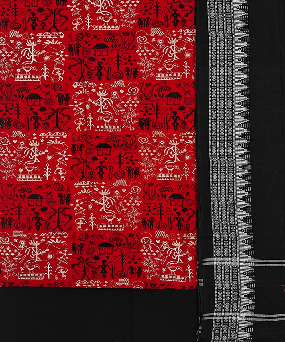 Red Black Sambalpuri Handwoven Ikat Suit Set Image 2