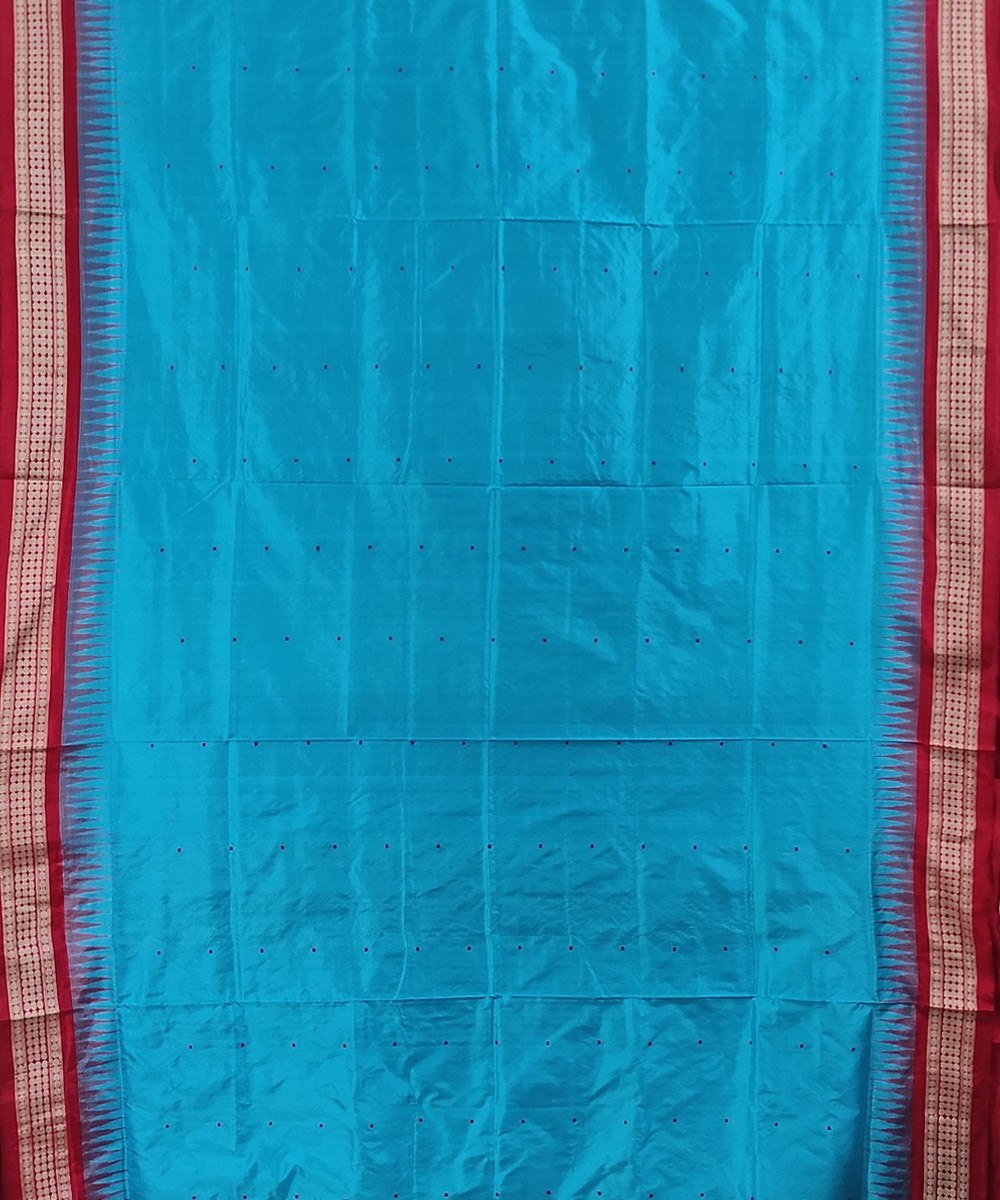 Sky Blue Red Handwoven Bomkei Silk Saree Image 2