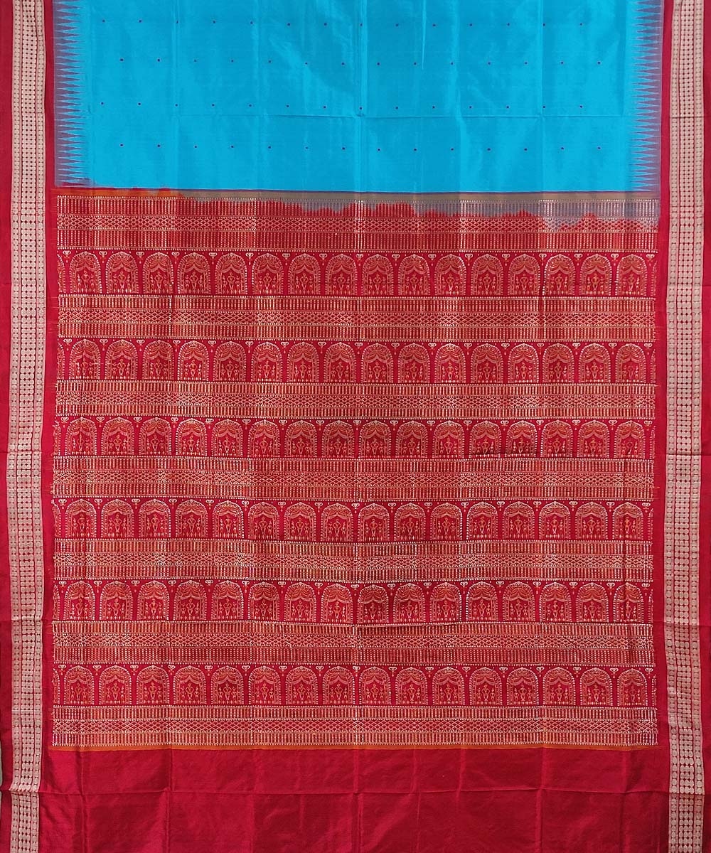 Sky Blue Red Handwoven Bomkei Silk Saree Image 3