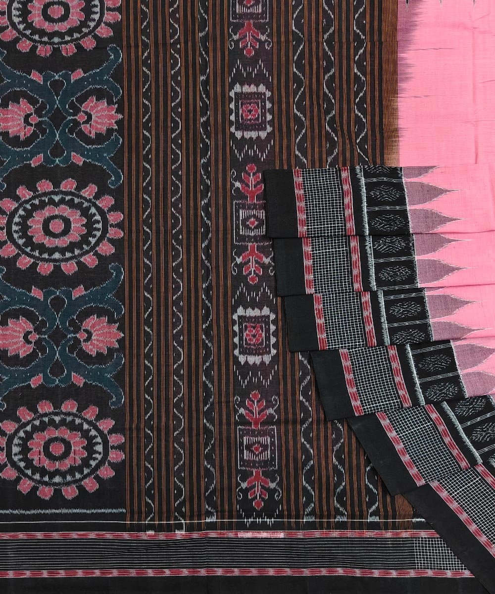 Pink Black Sambalpuri Handwoven Single Ikat Cotton Saree SFCSAR0376