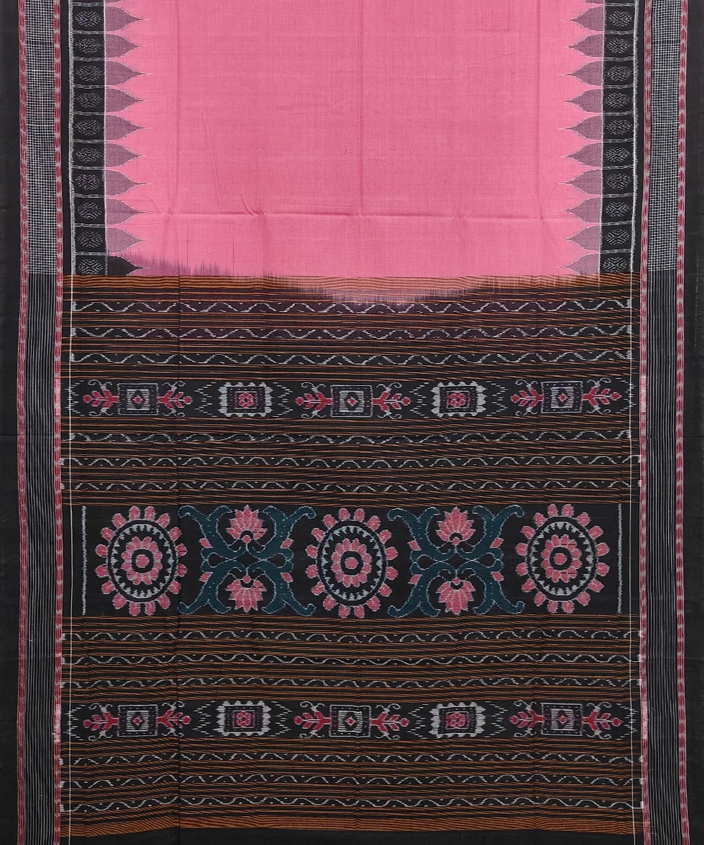 Pink Black Sambalpuri Handwoven Single Ikat Cotton Saree Image 2