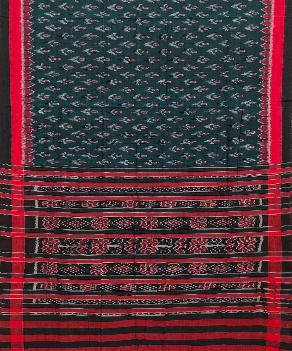 Green Red Nuapatna Handwoven Single Ikat Cotton Saree Image 2