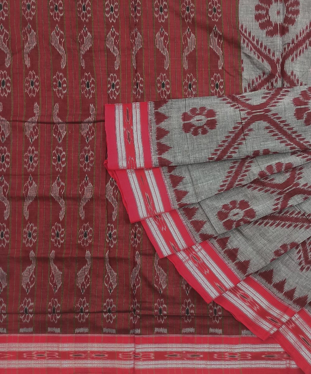 Gray Red Nuapatna Handwoven Single Ikat Cotton Saree Image 1