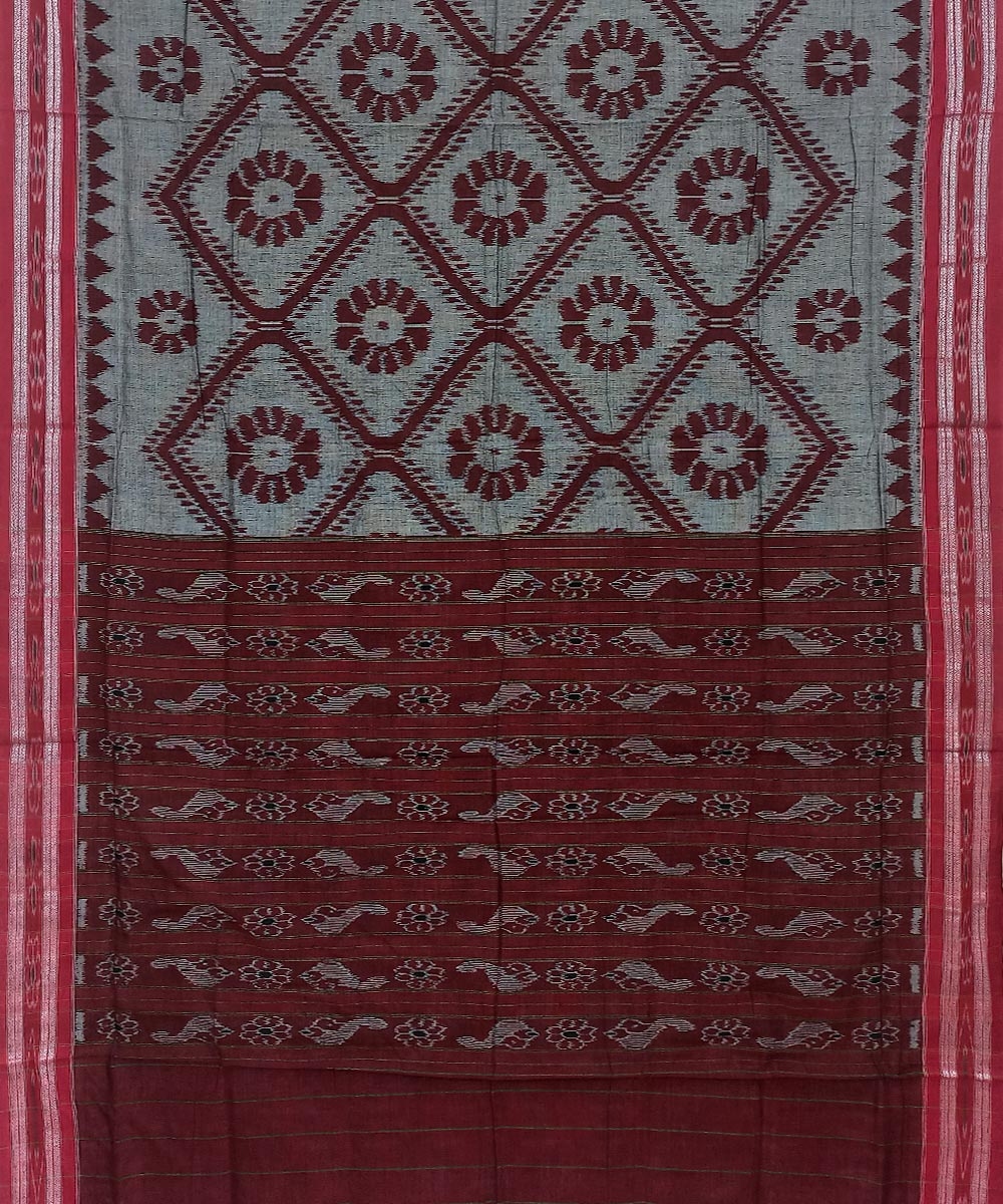 Gray Red Nuapatna Handwoven Single Ikat Cotton Saree Image 2