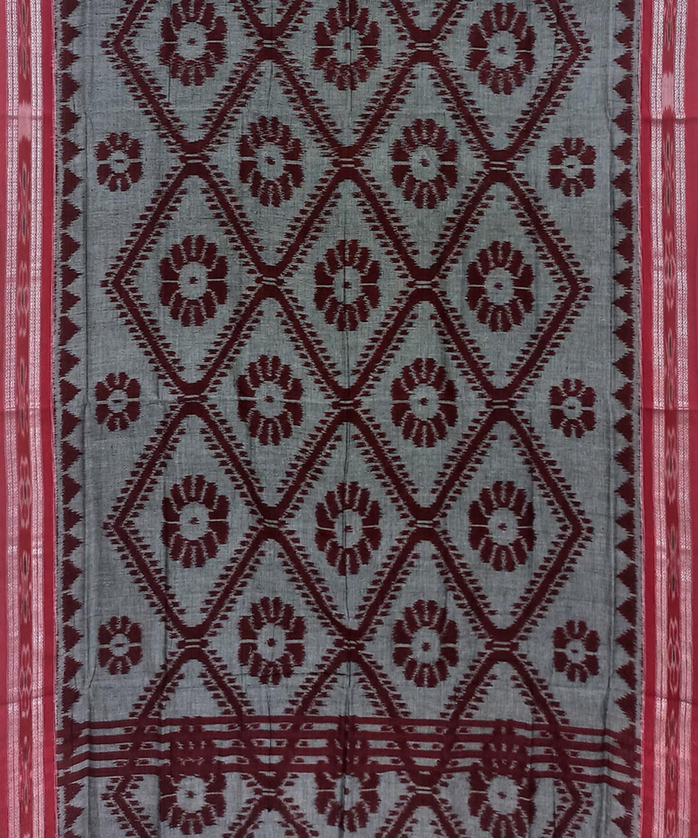 Gray Red Nuapatna Handwoven Single Ikat Cotton Saree Image 3