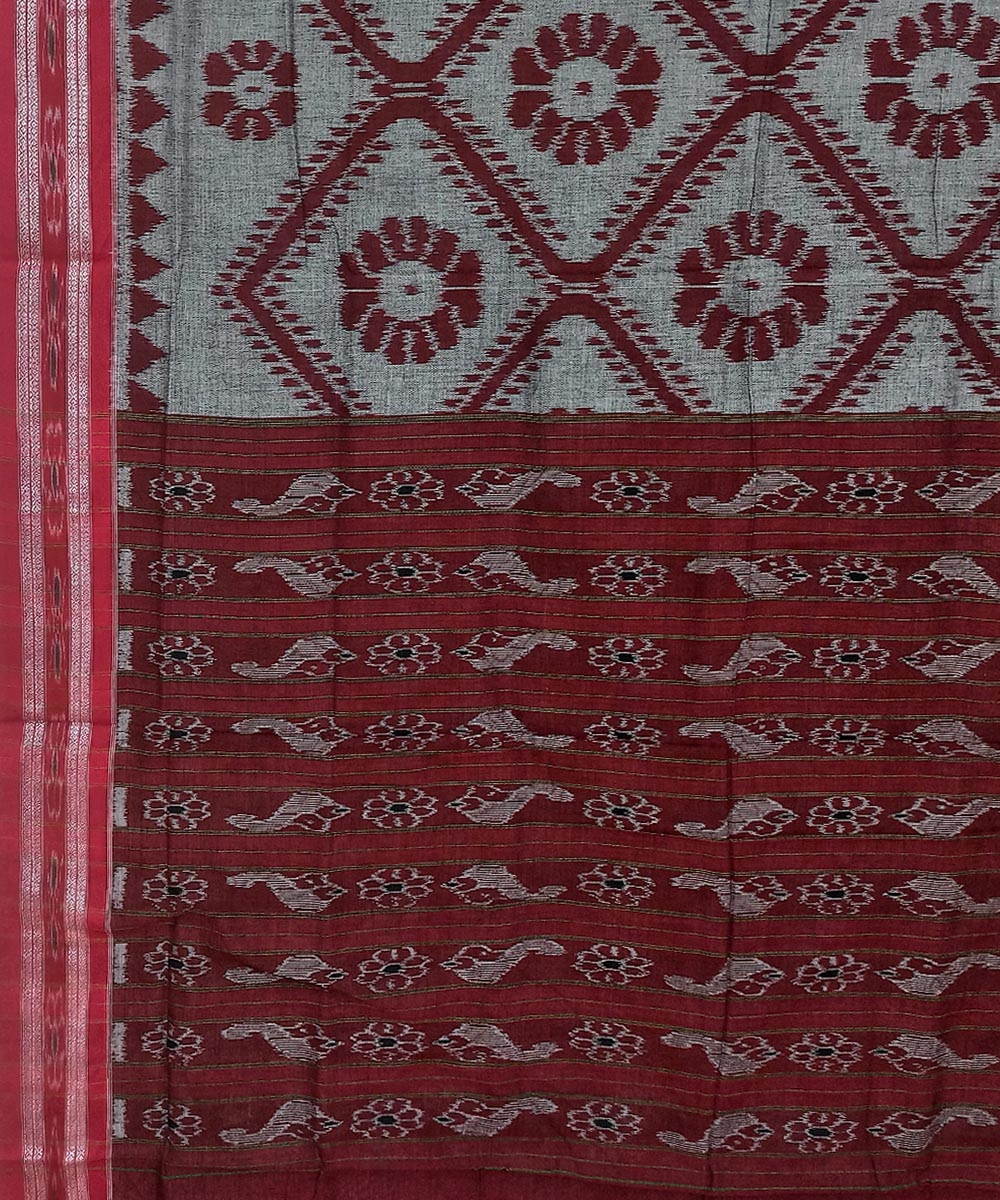 Gray Red Nuapatna Handwoven Single Ikat Cotton Saree Image 4