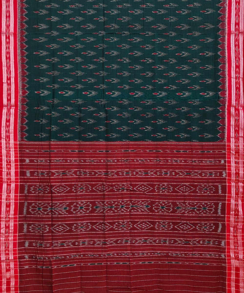 Green Red Nuapatna Handwoven Single Ikat Cotton Saree Image 2