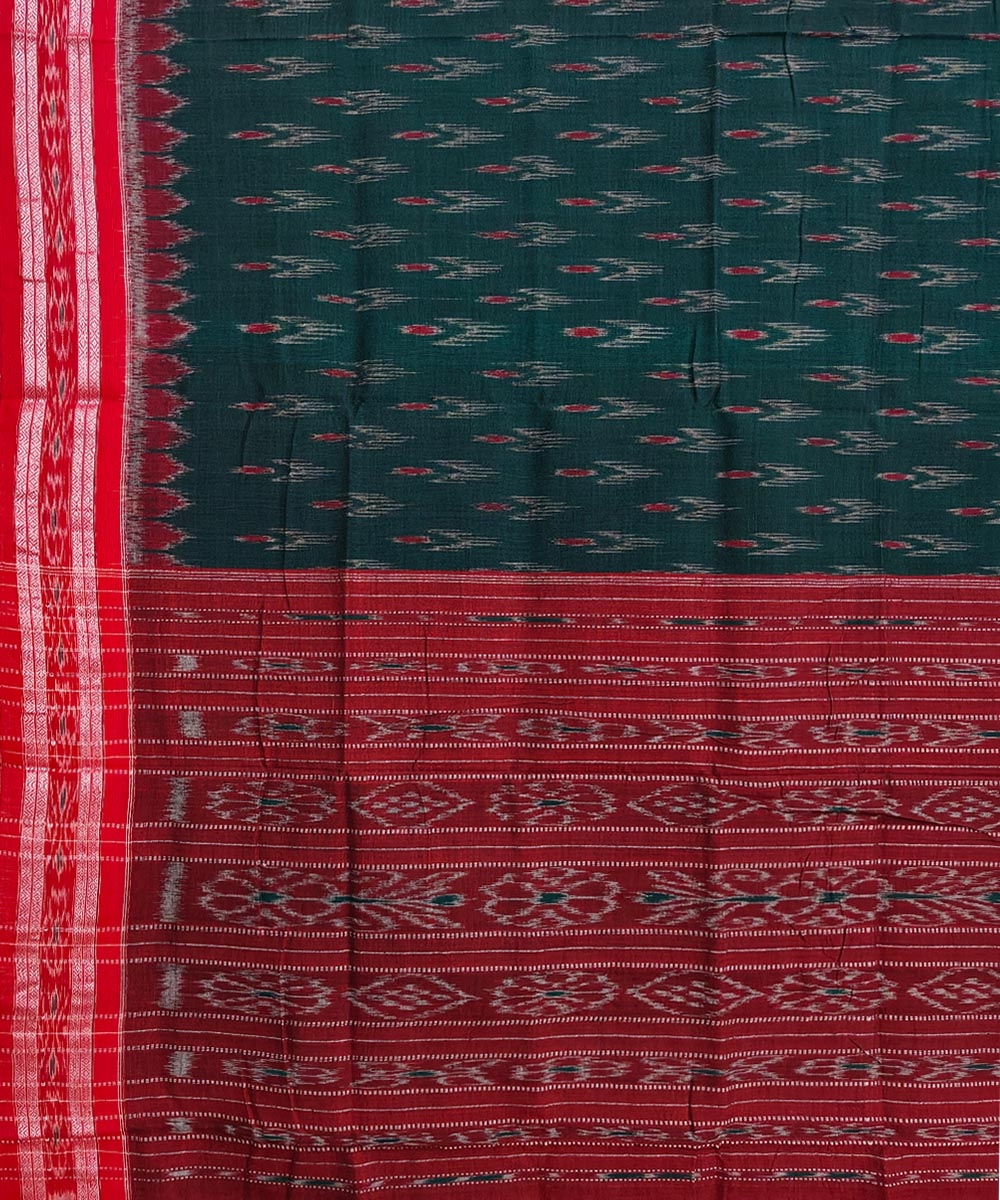 Green Red Nuapatna Handwoven Single Ikat Cotton Saree Image 4