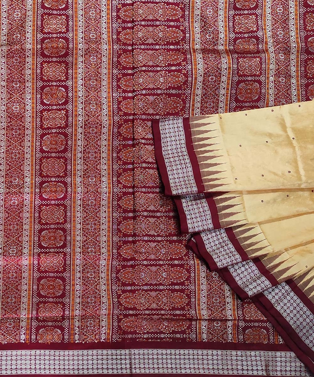 Cream Maroon Handwoven Bomkei Silk Saree Image 1