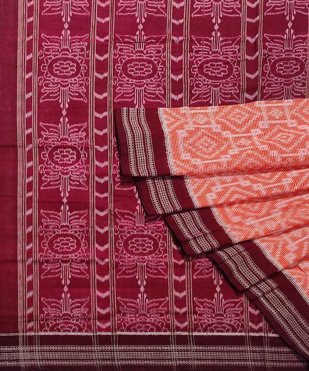 Orange Maroon Sambalpuri Handwoven Single Ikat Cotton Saree SFCSAR0596