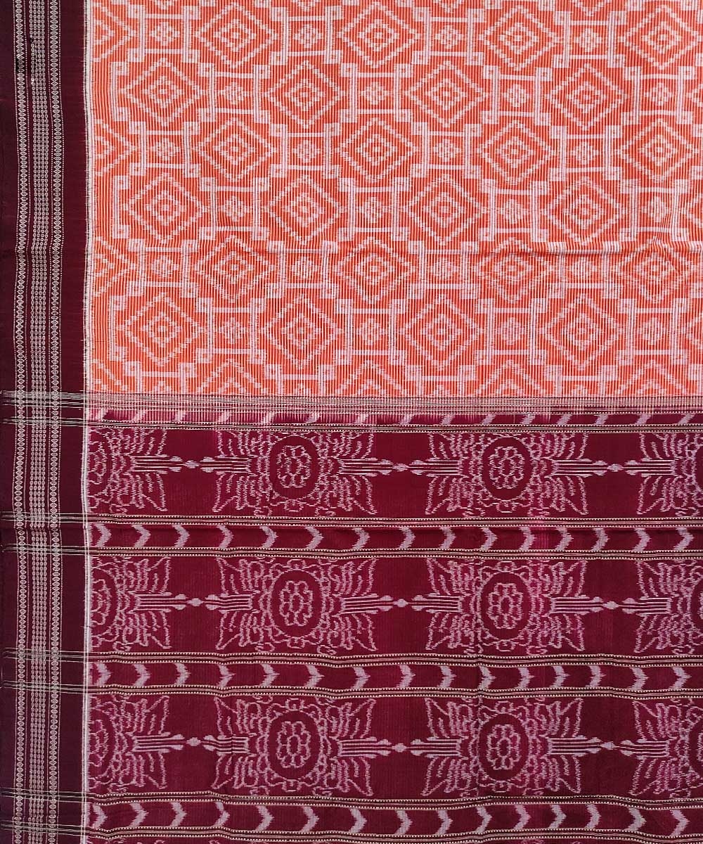 Orange Maroon Sambalpuri Handwoven Single Ikat Cotton Saree Image 4