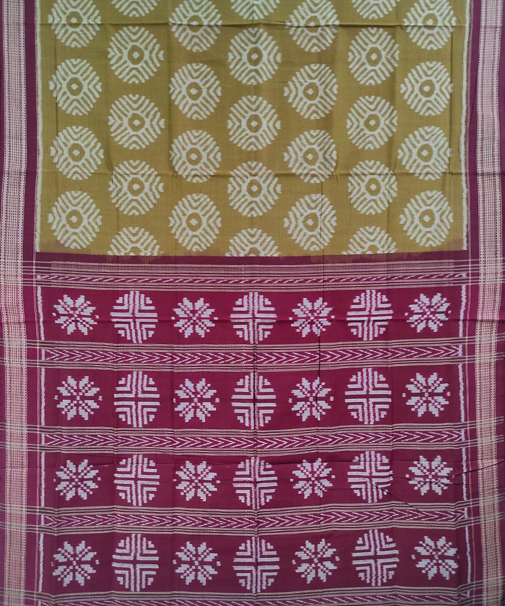 Olivegreen Maroon Sambalpuri Handwoven Single Ikat Cotton Saree Image 3