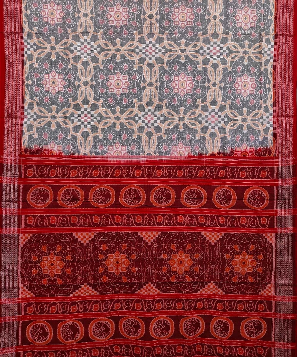 Gray Red Sambalpuri Handwoven Single Ikat Cotton Saree Image 2