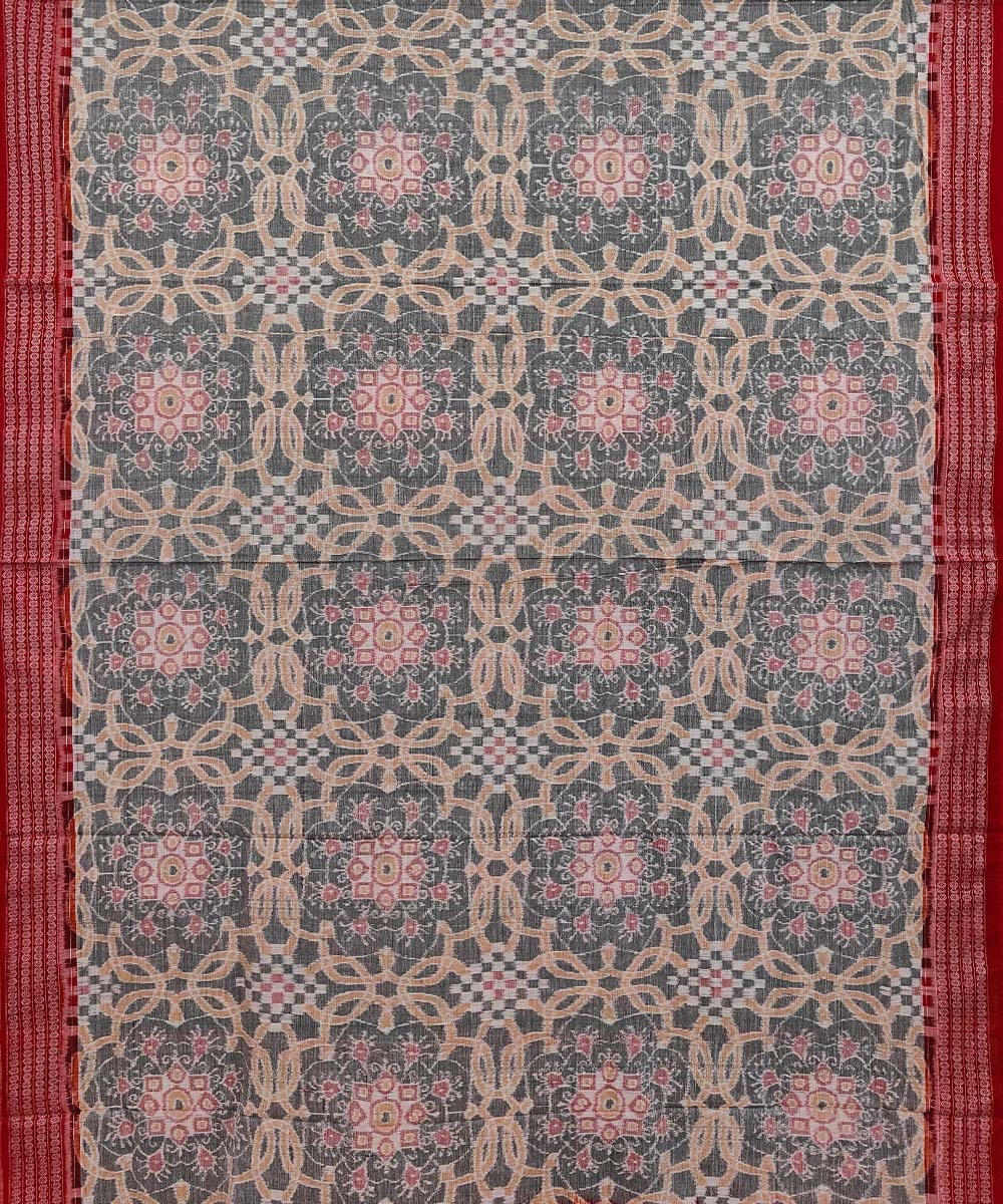 Gray Red Sambalpuri Handwoven Single Ikat Cotton Saree Image 3