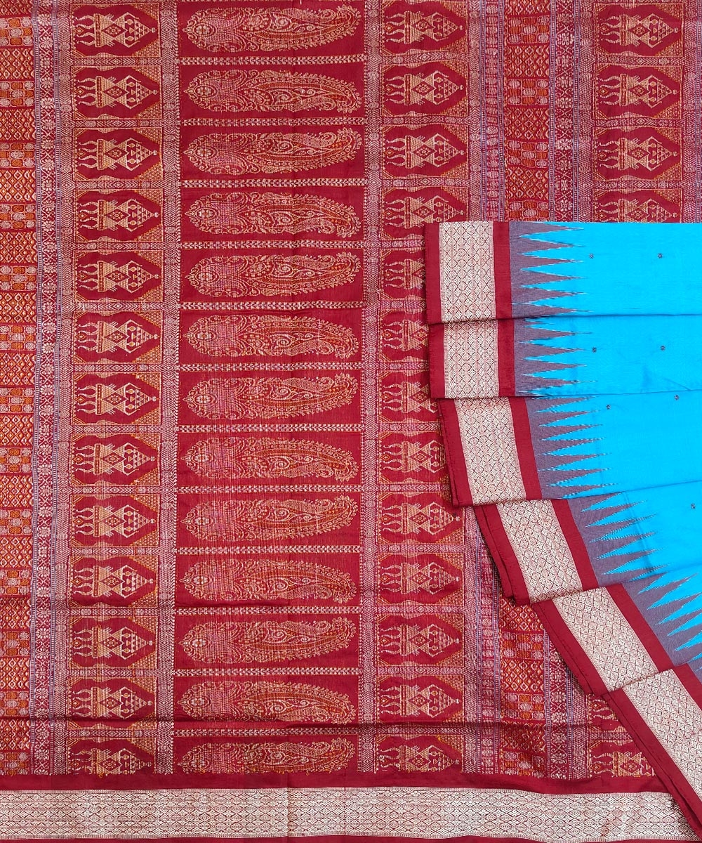 Sky Blue Red Handwoven Bomkei Silk Saree Image 1