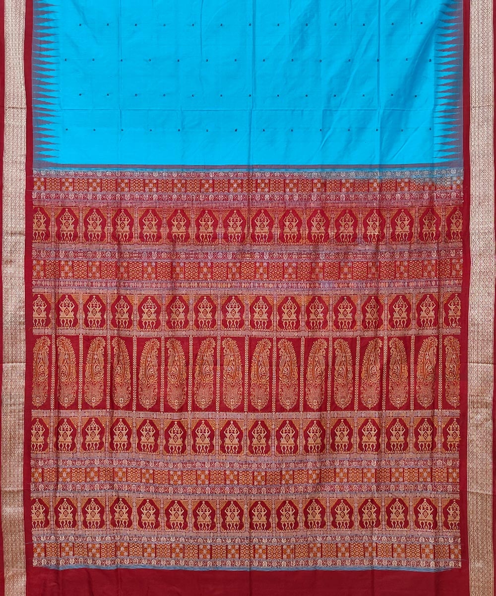 Sky Blue Red Handwoven Bomkei Silk Saree Image 2