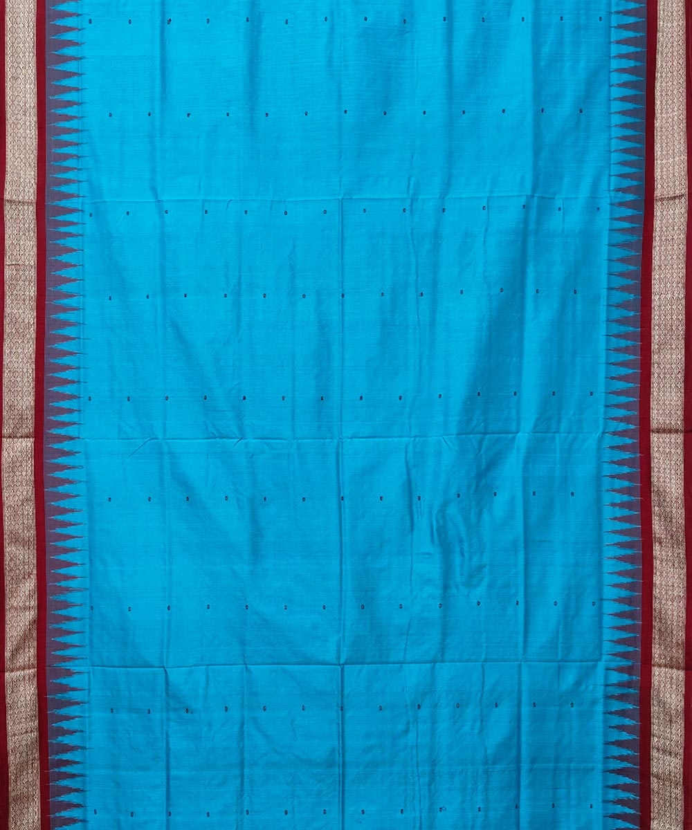 Sky Blue Red Handwoven Bomkei Silk Saree Image 3