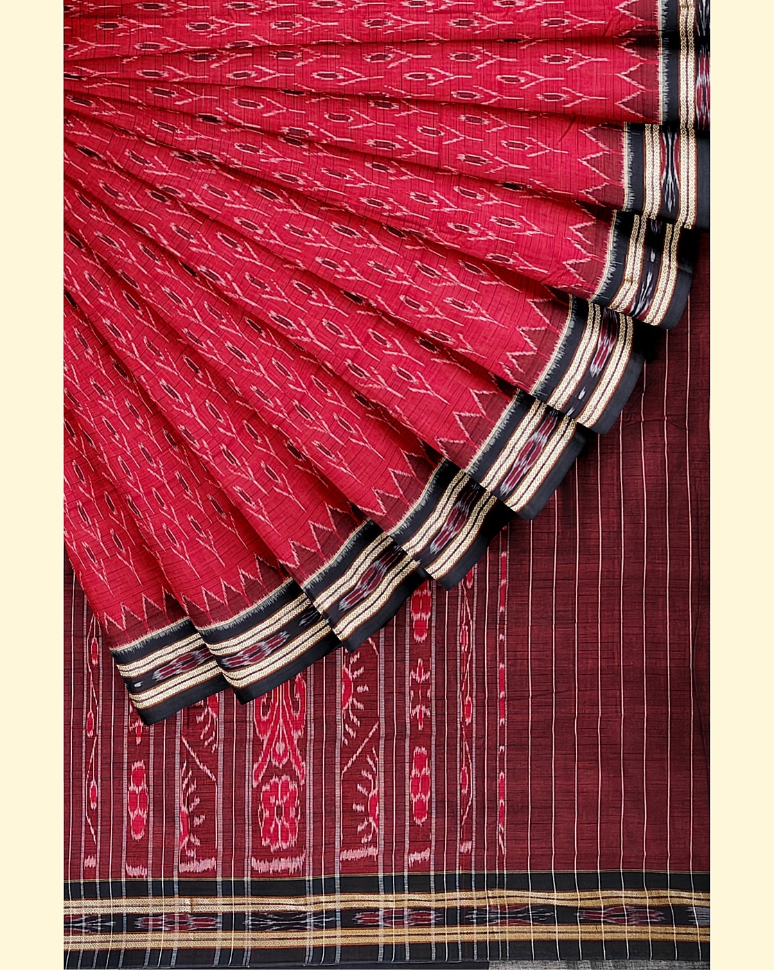 Red Black Sambalpuri Handwoven Single Ikat Cotton Saree Image 2