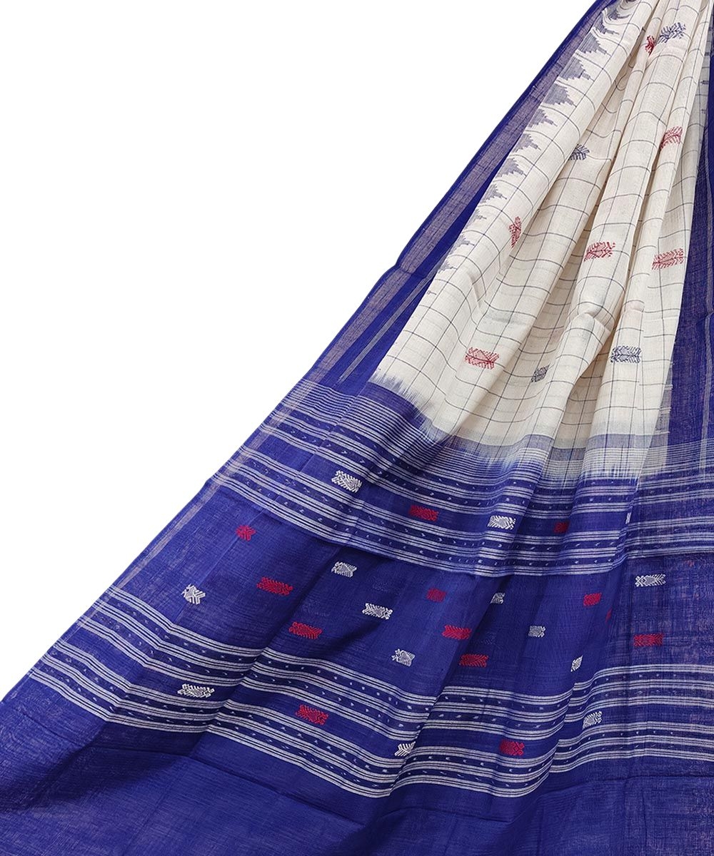 Offwhite Blue Sambalpuri Handwoven Hath Kumbha with Fish Buti Cotton Dupatta Image 1