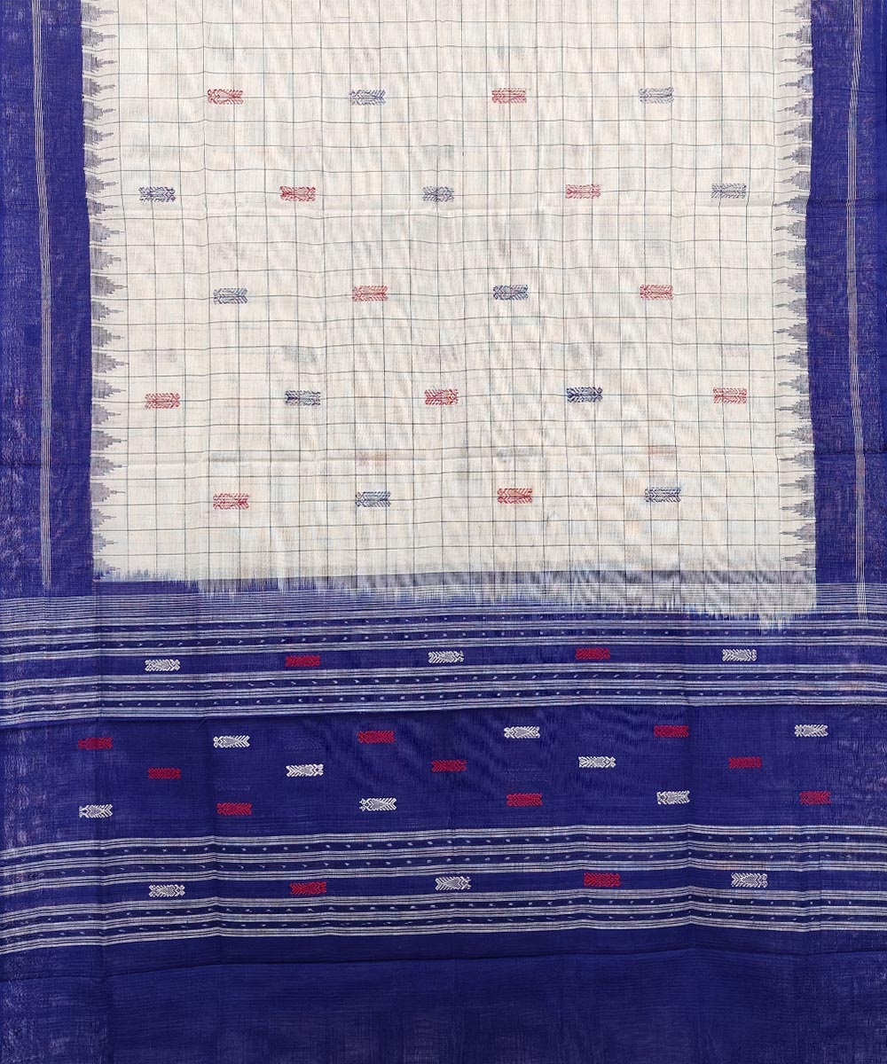 Offwhite Blue Sambalpuri Handwoven Hath Kumbha with Fish Buti Cotton Dupatta Image 2