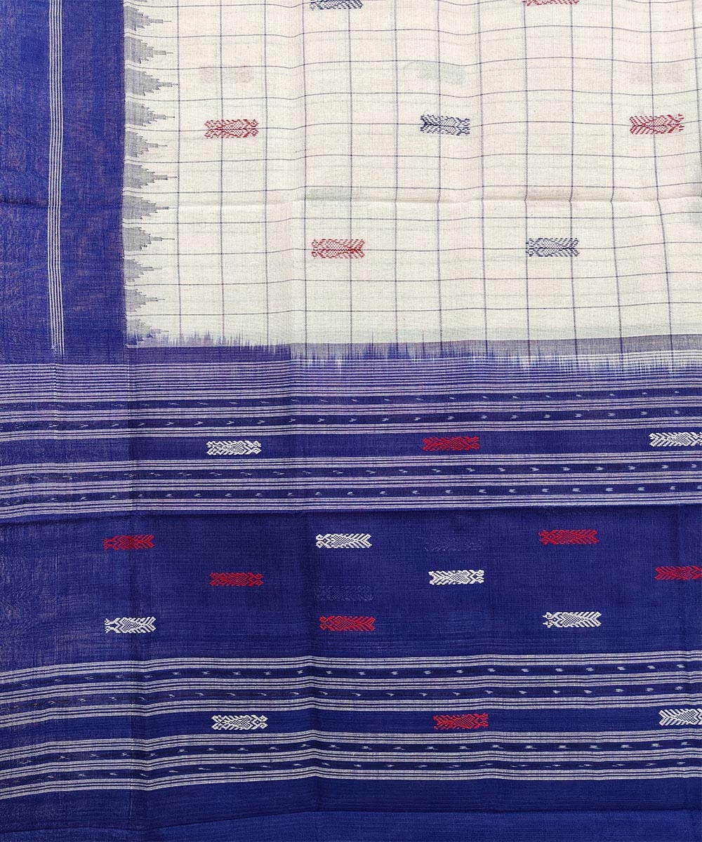 Offwhite Blue Sambalpuri Handwoven Hath Kumbha with Fish Buti Cotton Dupatta Image 3