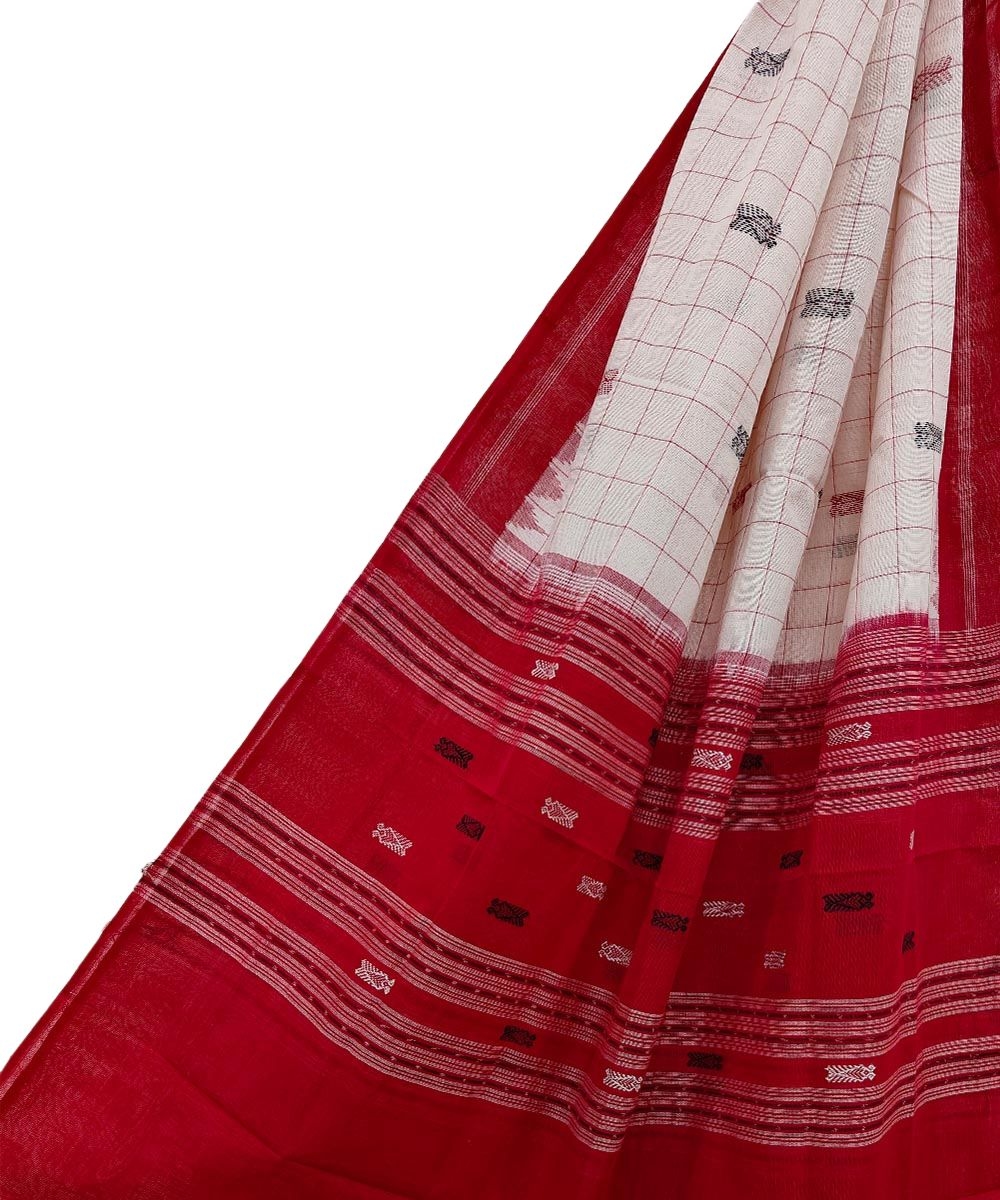 Offwhite Red Sambalpuri Handwoven Hath Kumbha with Fish Buti Cotton Dupatta Image 1