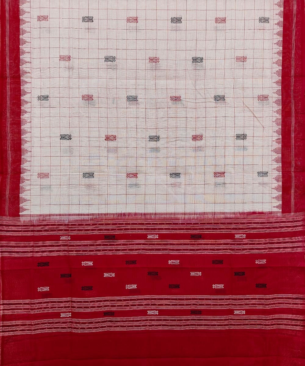 Offwhite Red Sambalpuri Handwoven Hath Kumbha with Fish Buti Cotton Dupatta Image 2