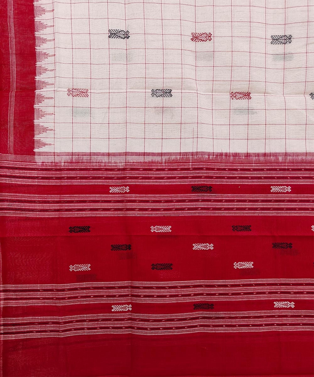 Offwhite Red Sambalpuri Handwoven Hath Kumbha with Fish Buti Cotton Dupatta Image 3