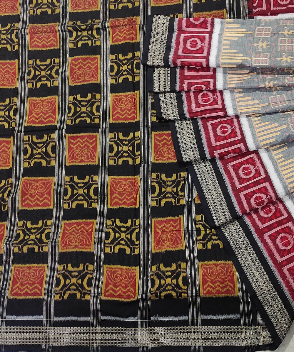 Gray Black Red Sambalpuri Handwoven Single Ikat Cotton Saree Image 1