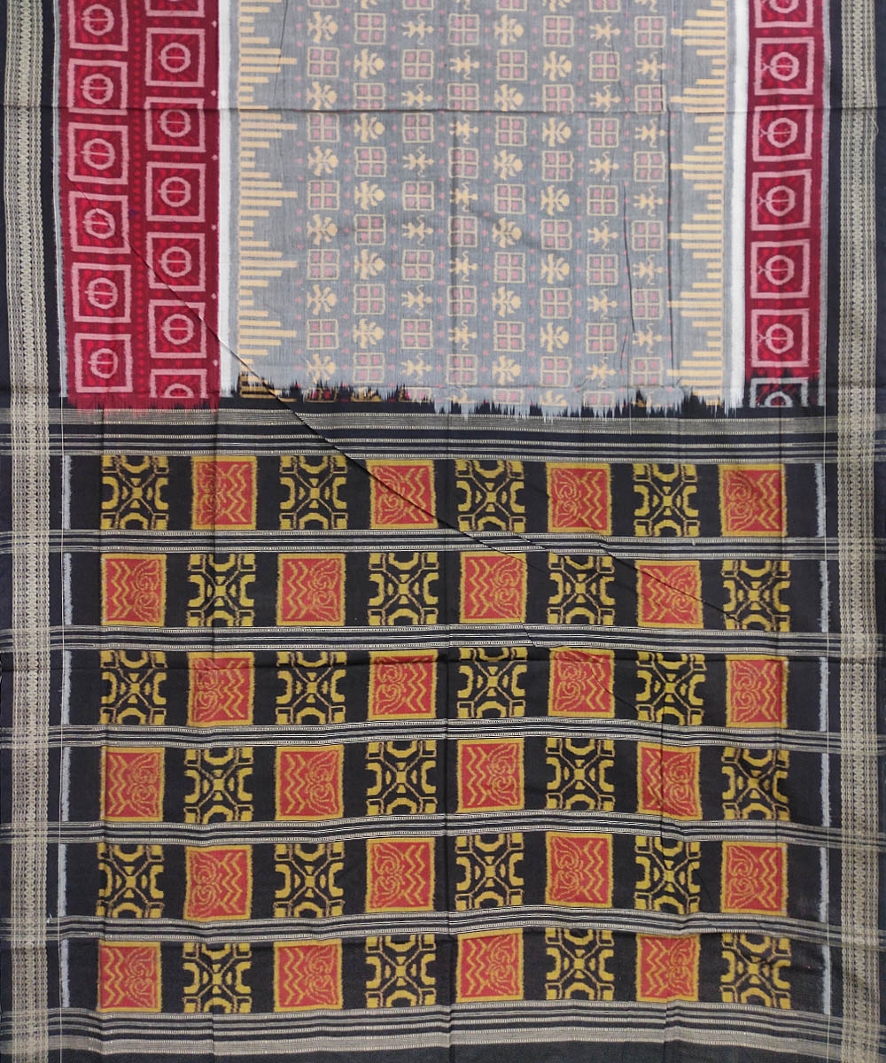 Gray Black Red Sambalpuri Handwoven Single Ikat Cotton Saree Image 2