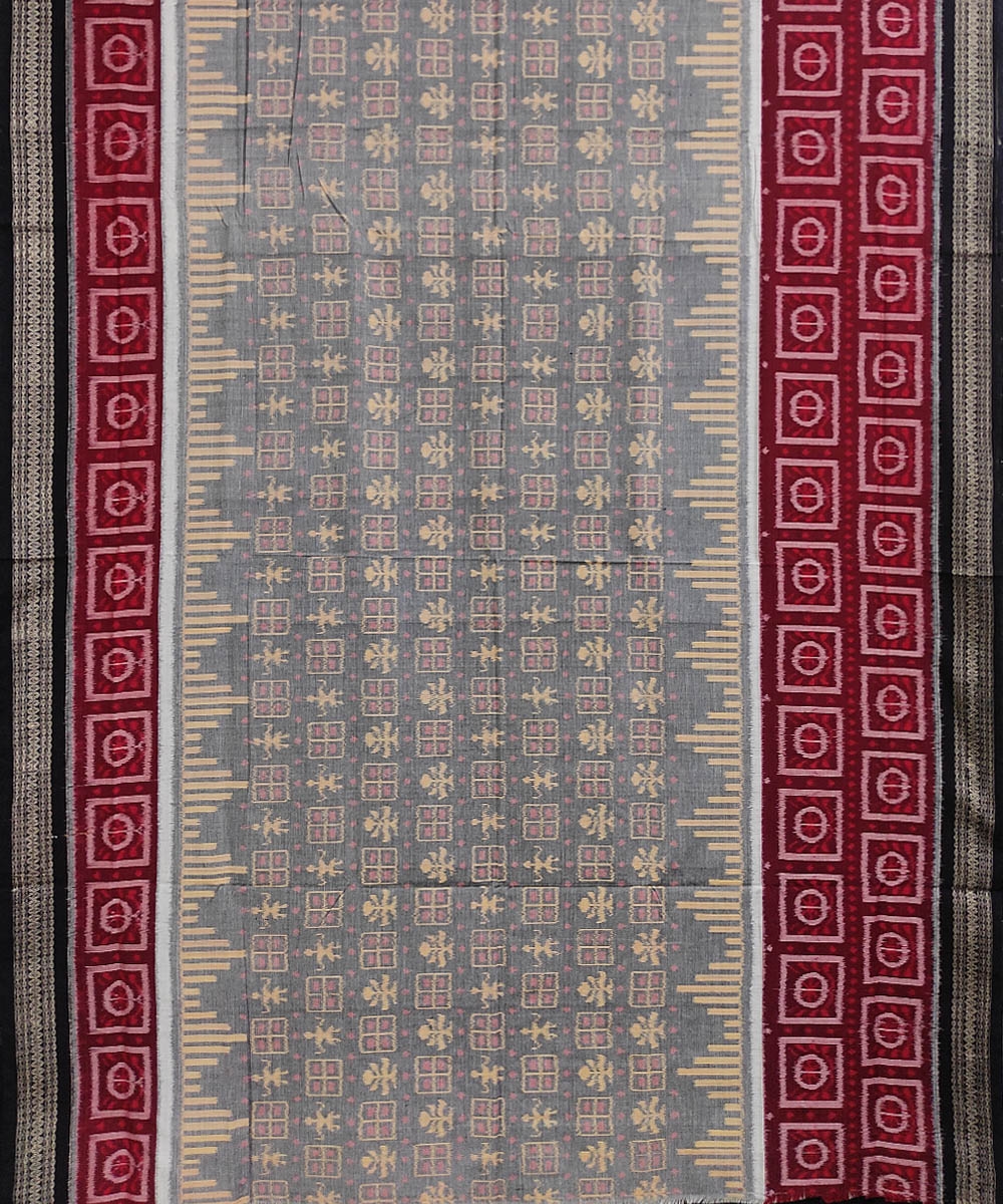 Gray Black Red Sambalpuri Handwoven Single Ikat Cotton Saree Image 3