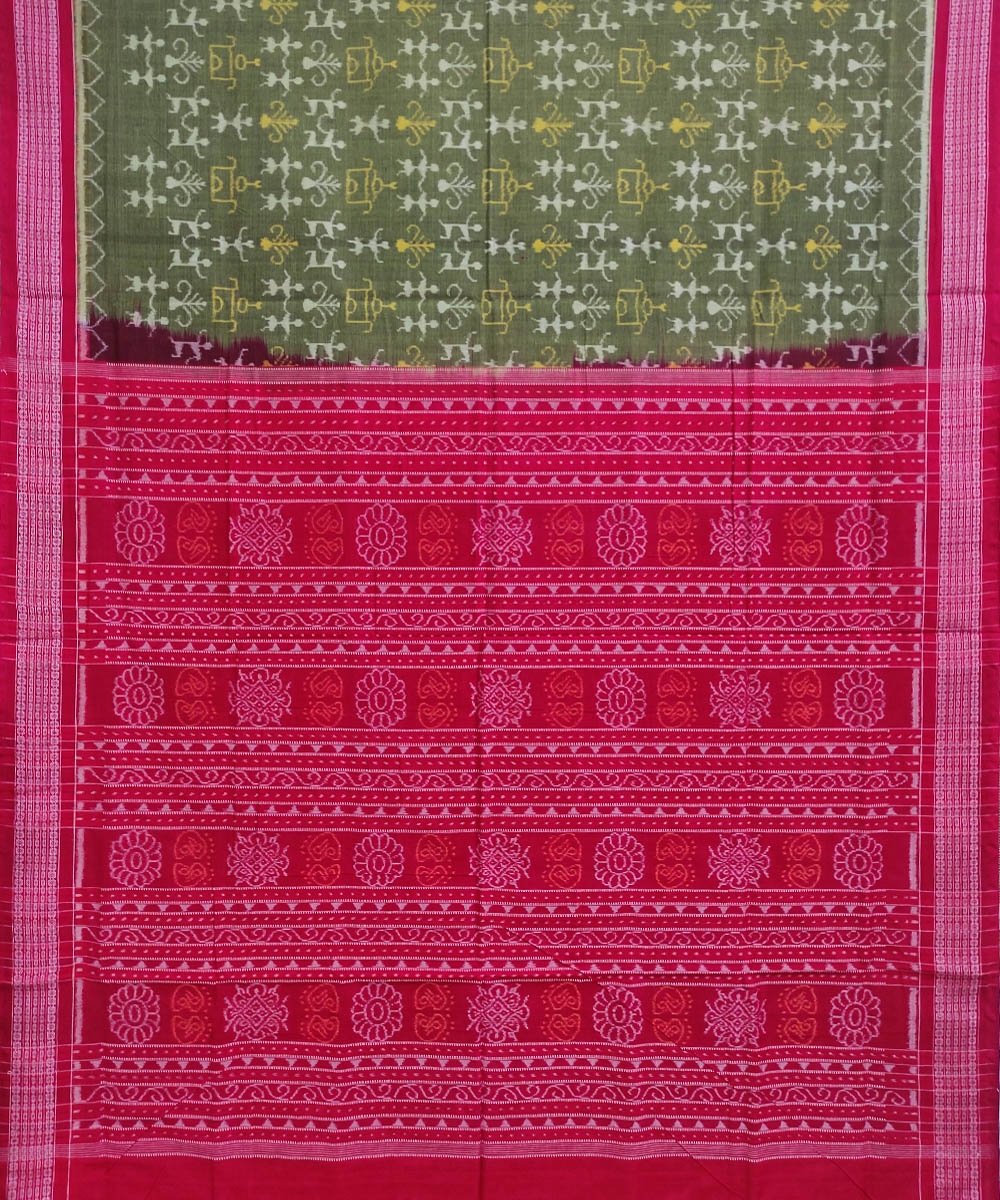 Olivegreen Red Sambalpuri Handwoven Single Ikat Cotton Saree Image 2