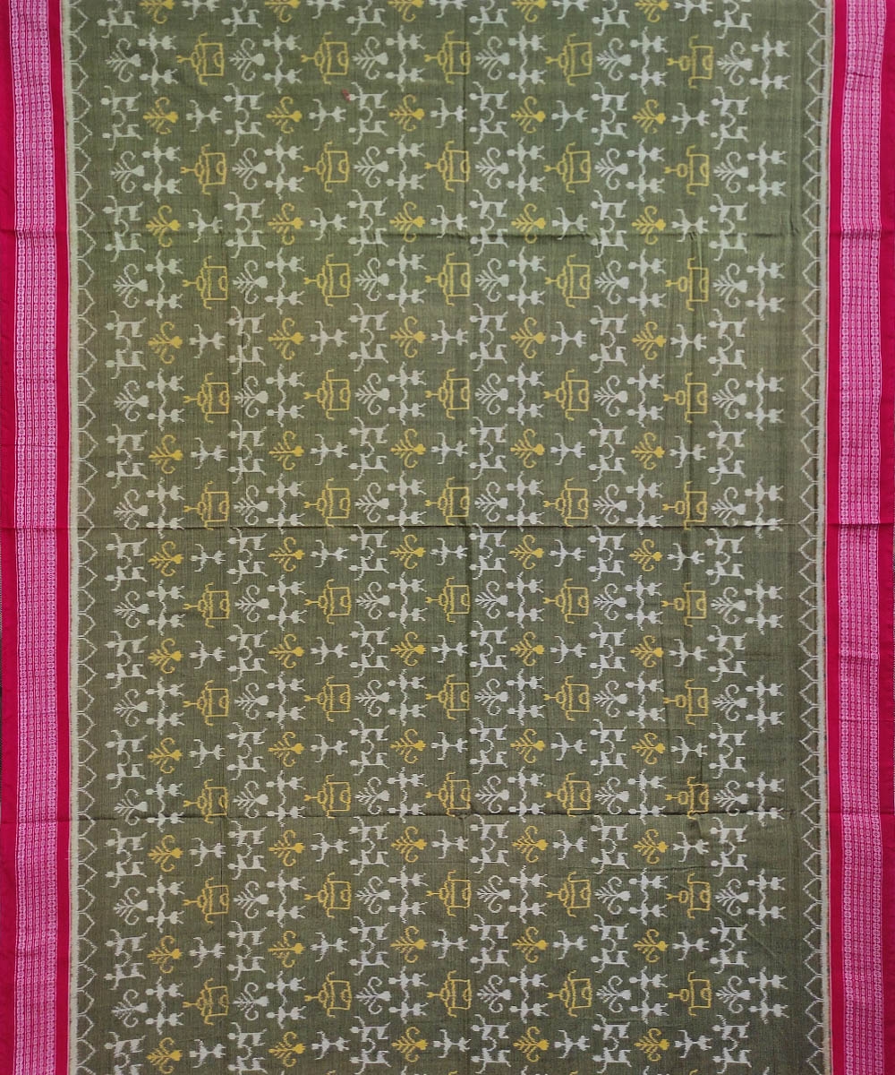 Olivegreen Red Sambalpuri Handwoven Single Ikat Cotton Saree Image 3