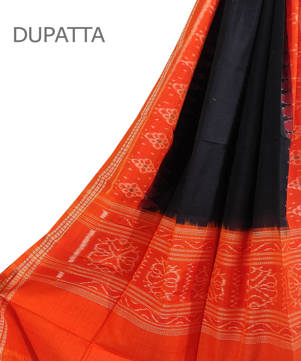 Black Orange Sambalpuri Handwoven Single Ikat Cotton Dupatta Image 1