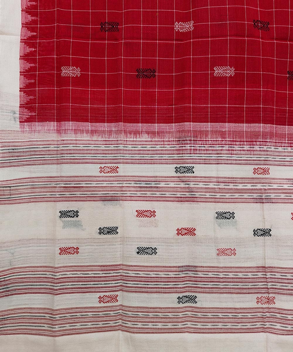 Red White Sambalpuri Handwoven Single Ikat Cotton Dupatta Image 3