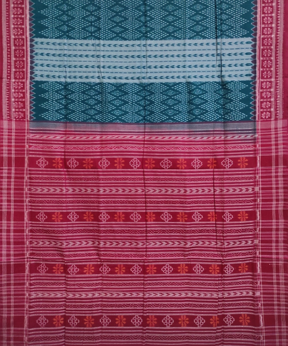 Green Red Sambalpuri Handwoven Single Ikat Cotton Saree Image 3