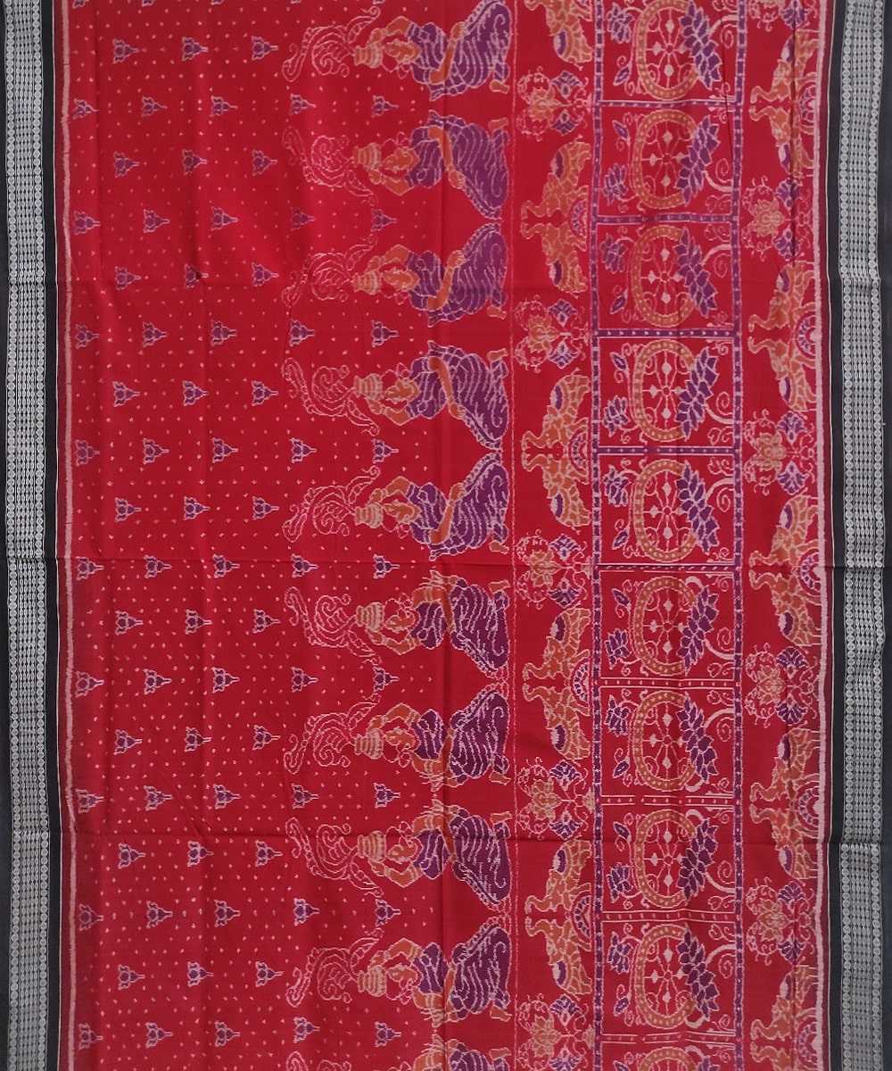 Red Black Sambalpuri Handwoven Single Ikat Cotton Saree Image 2