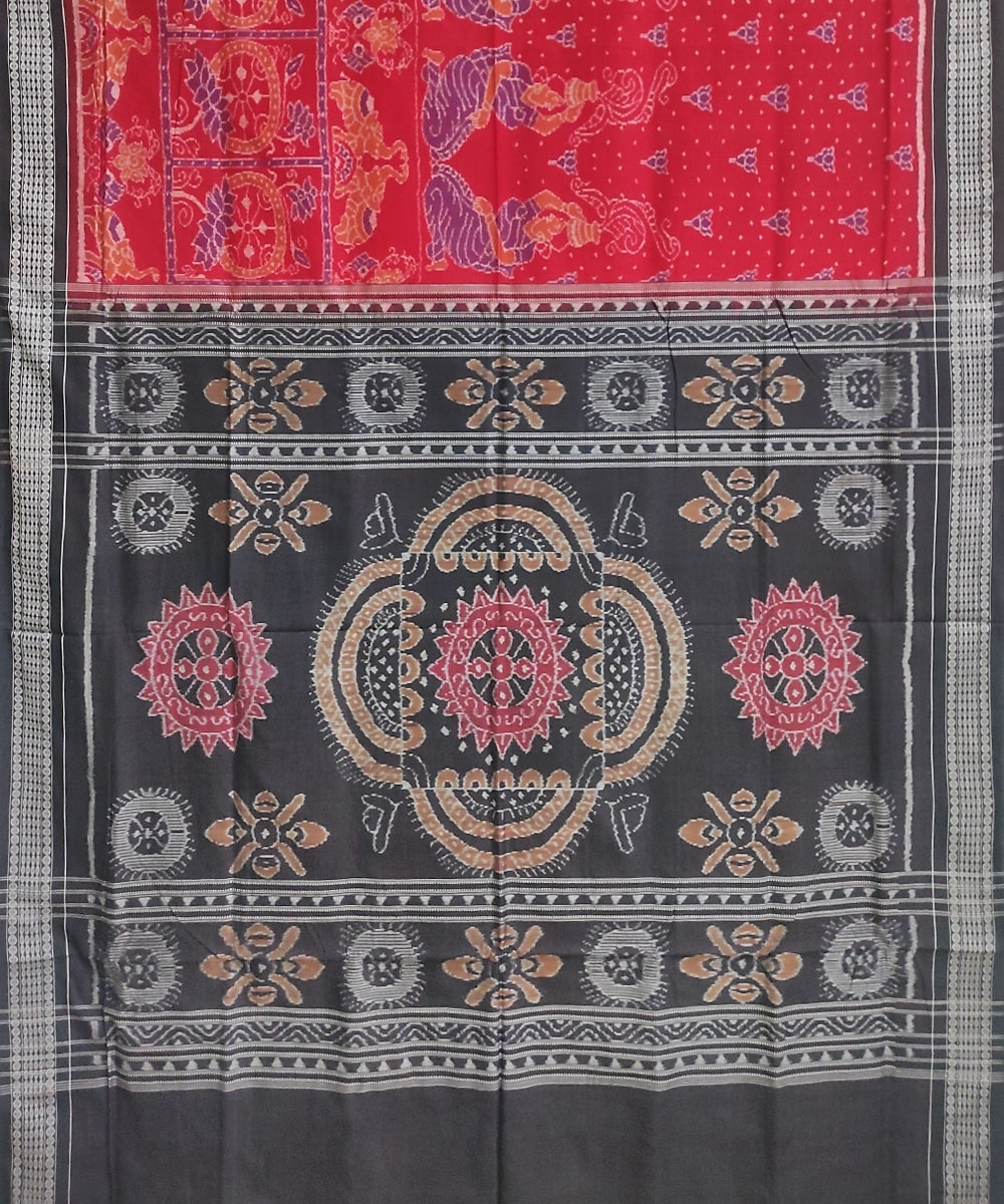 Red Black Sambalpuri Handwoven Single Ikat Cotton Saree Image 3