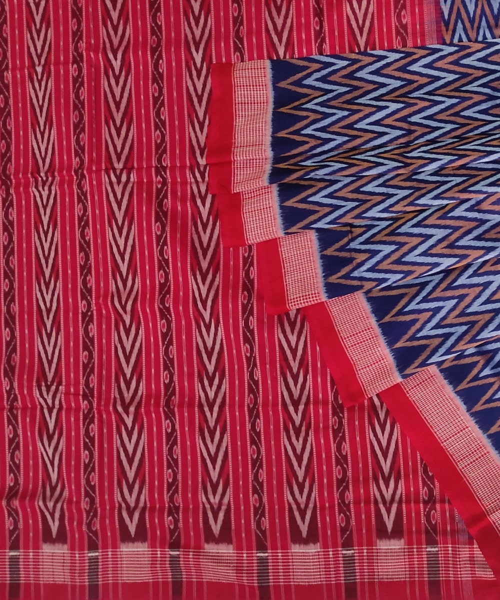 Blue Red Sambalpuri Handwoven Single Ikat Cotton Saree Image 1