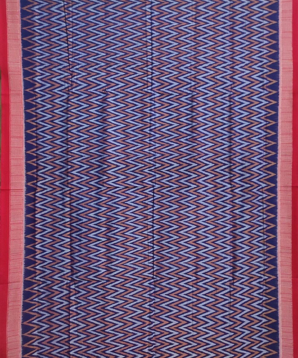 Blue Red Sambalpuri Handwoven Single Ikat Cotton Saree Image 2