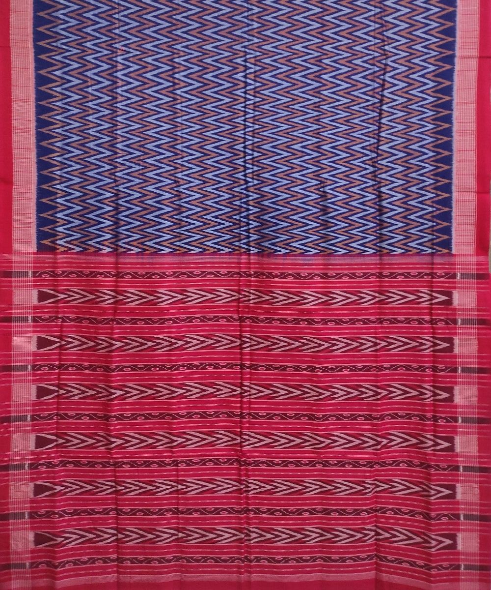 Blue Red Sambalpuri Handwoven Single Ikat Cotton Saree Image 3