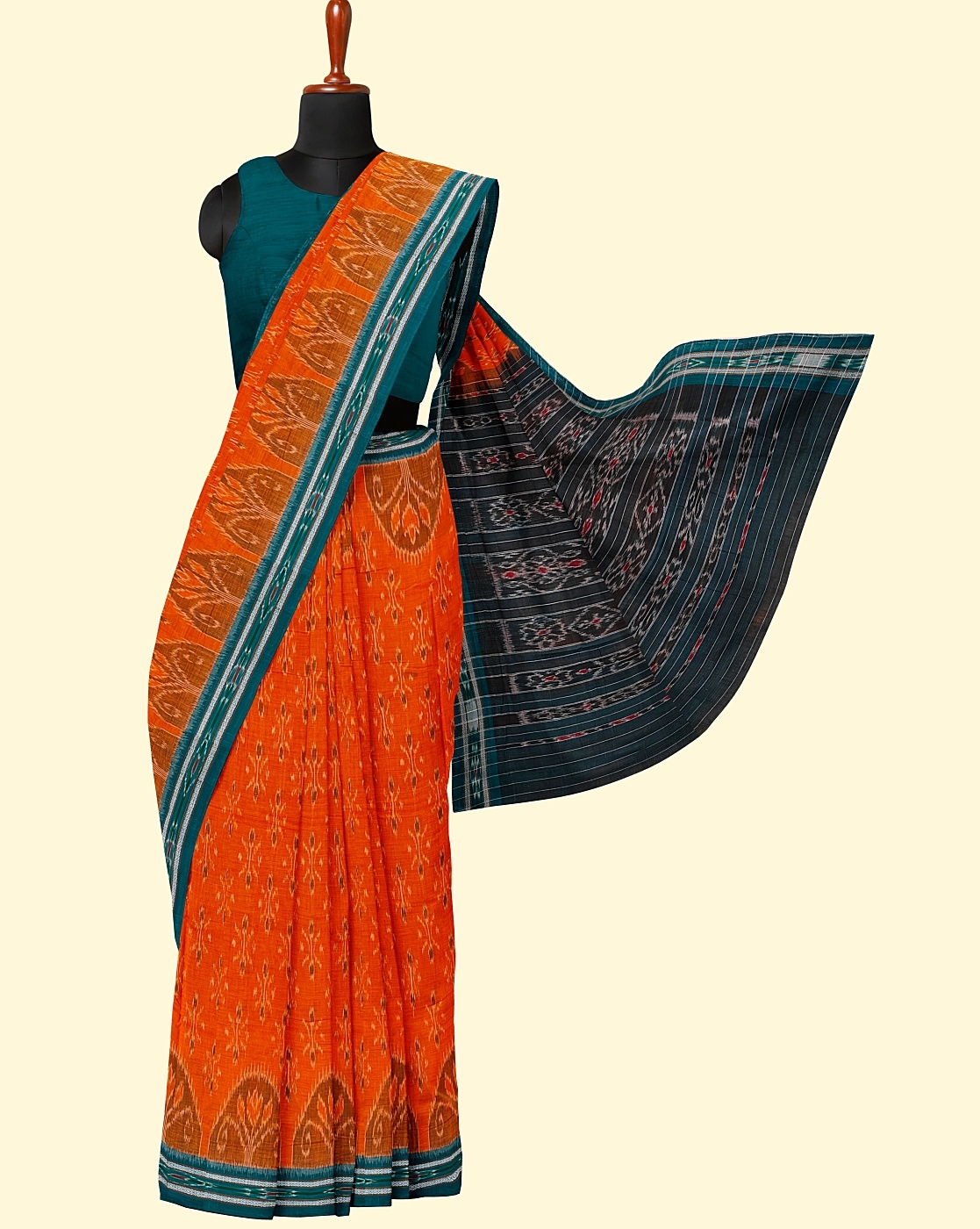 Orange Green Sambalpuri Handwoven Single Ikat Cotton Saree Image 3