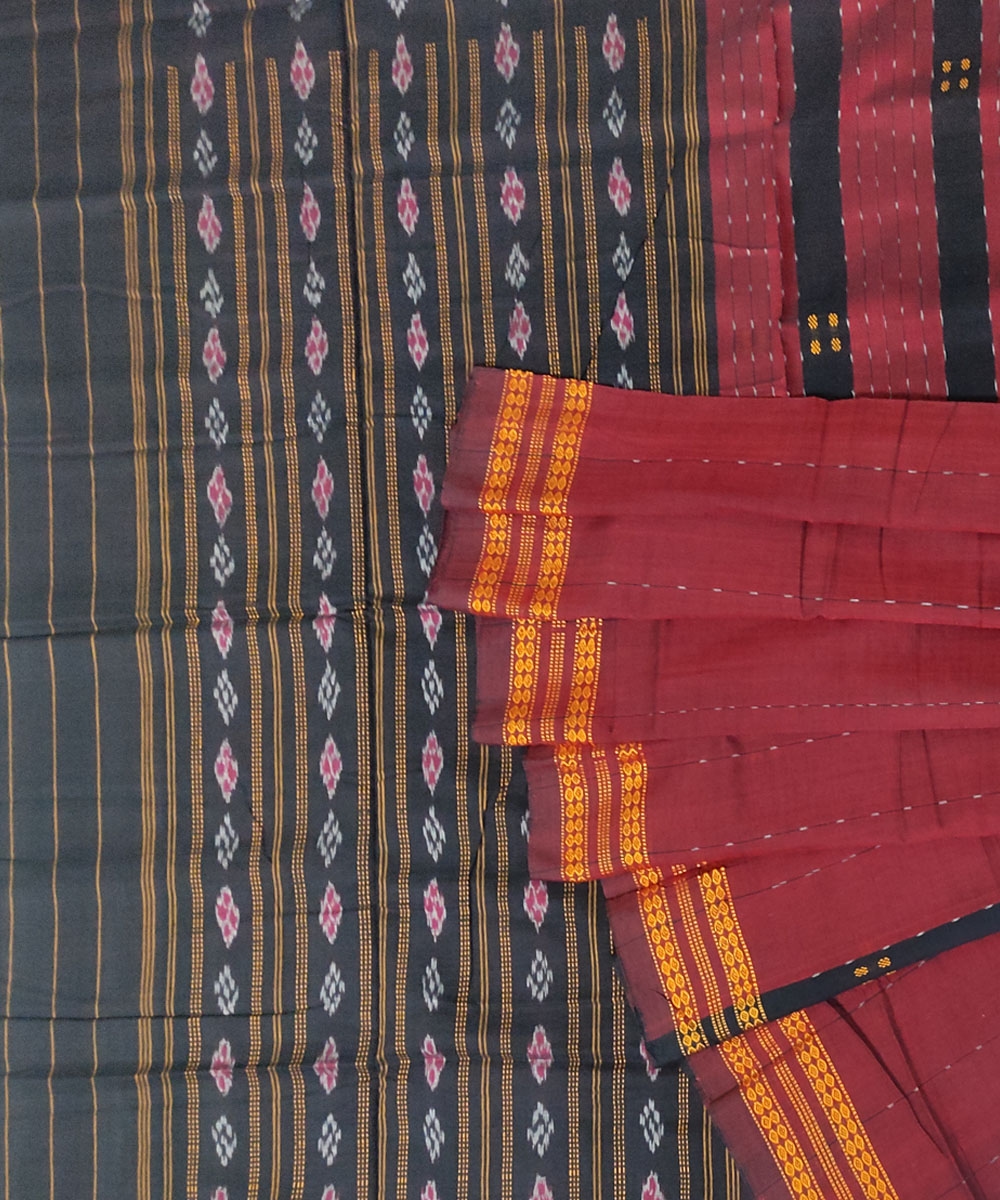 Red Black Bomkai Handwoven Cotton Saree SFCSAR0858