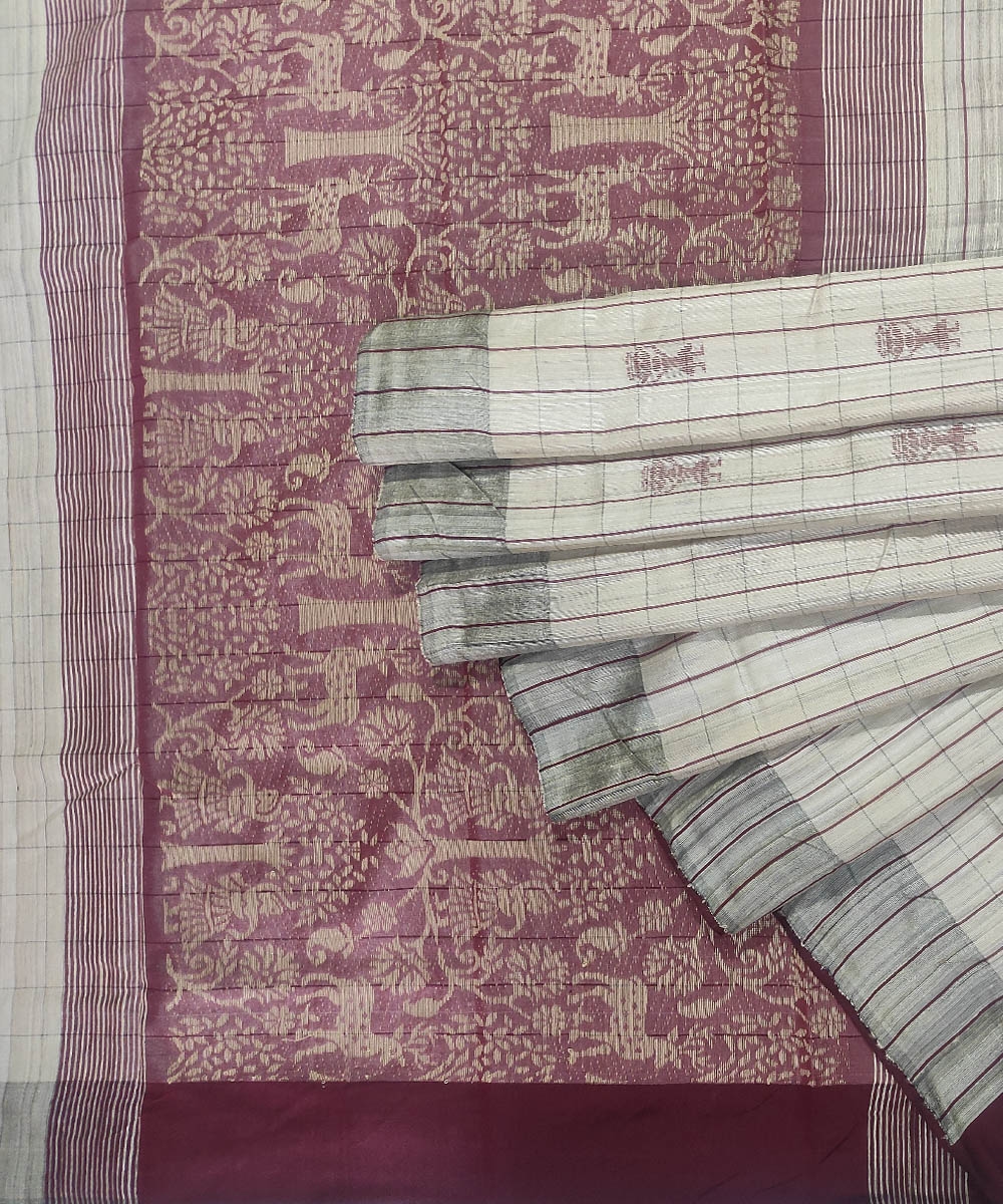 Beige Coffee Sambalpuri Handwoven Tribal Design Tussar Silk Saree Image 1