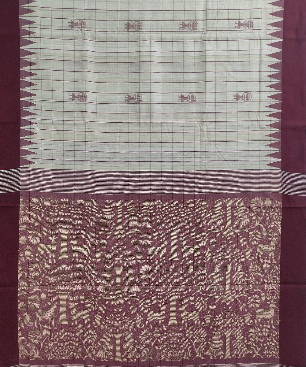 Beige Coffee Sambalpuri Handwoven Tribal Design Tussar Silk Saree Image 3