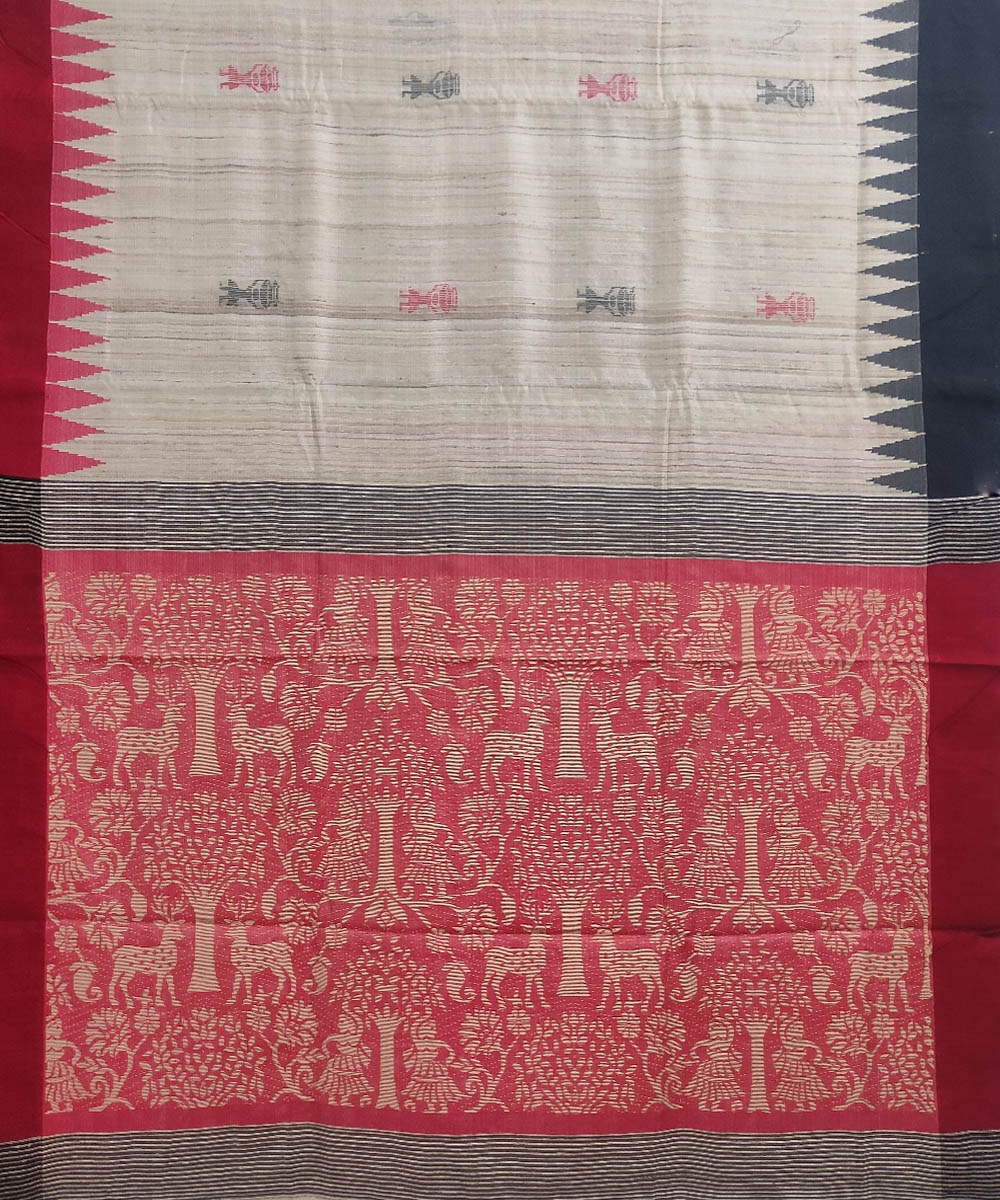 Beige Sambalpuri Handwoven Tribal Design Tussar Silk Saree Image 3