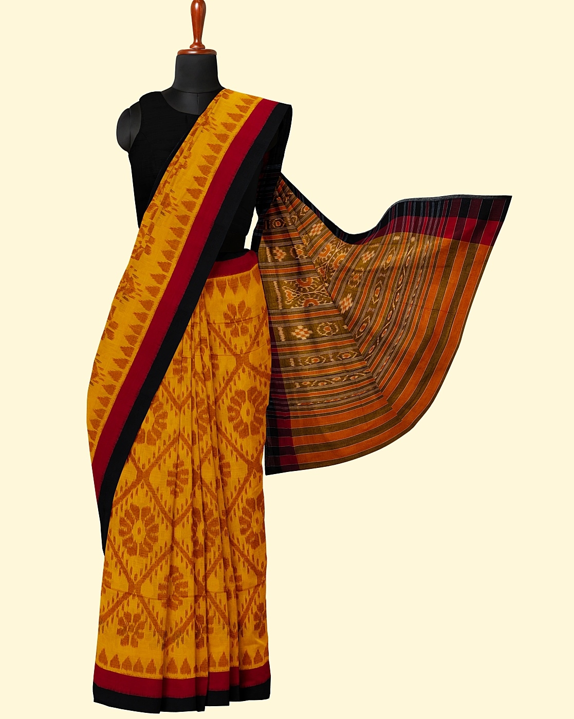 Orange Black Sambalpuri Handwoven Single Ikat Cotton Saree Image 3