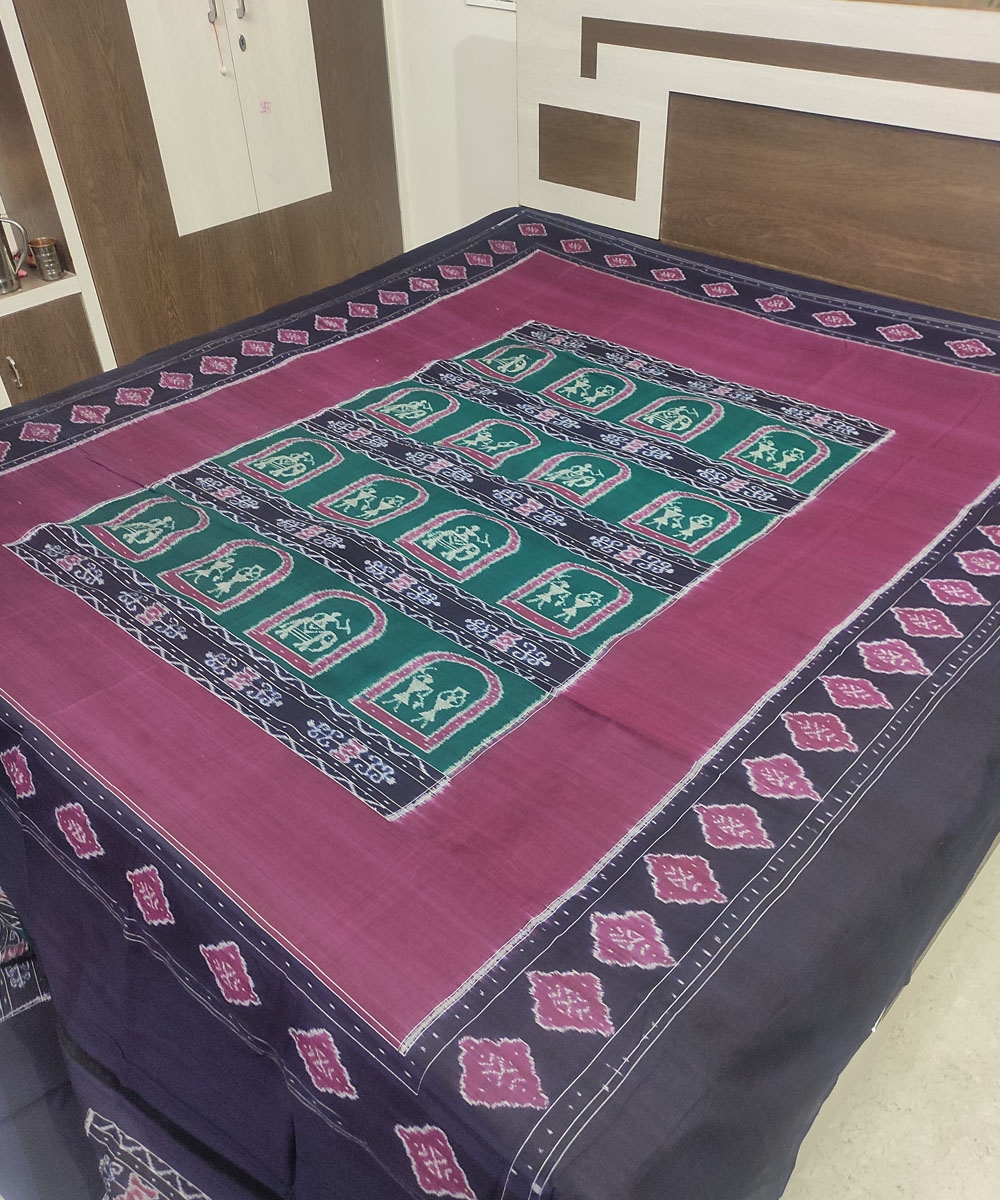 Purple Green Sambalpuri Handwoven Cotton Double Bed Sheet Image 2