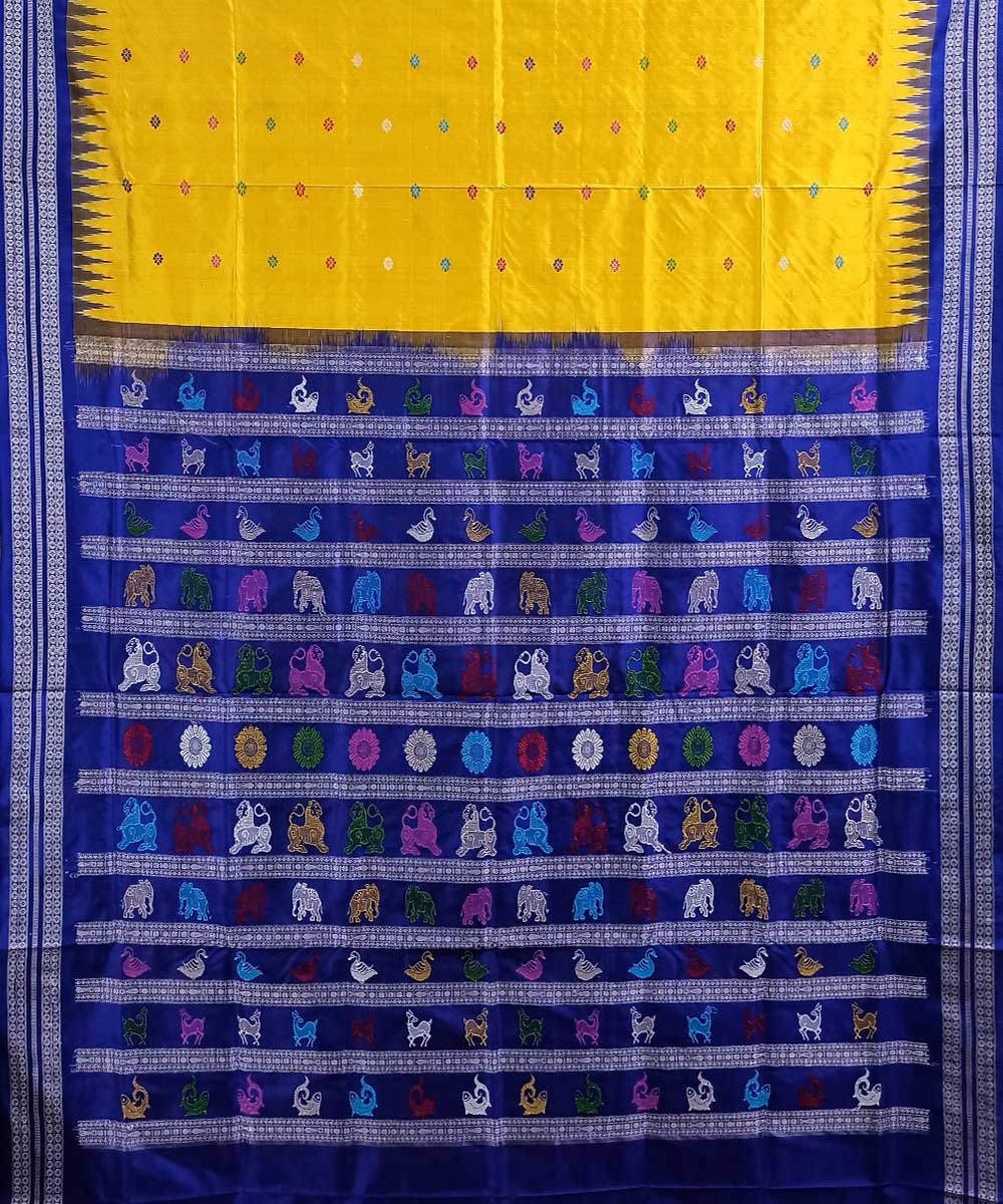 Yellow Blue Handwoven Bomkai Silk Saree Image 2