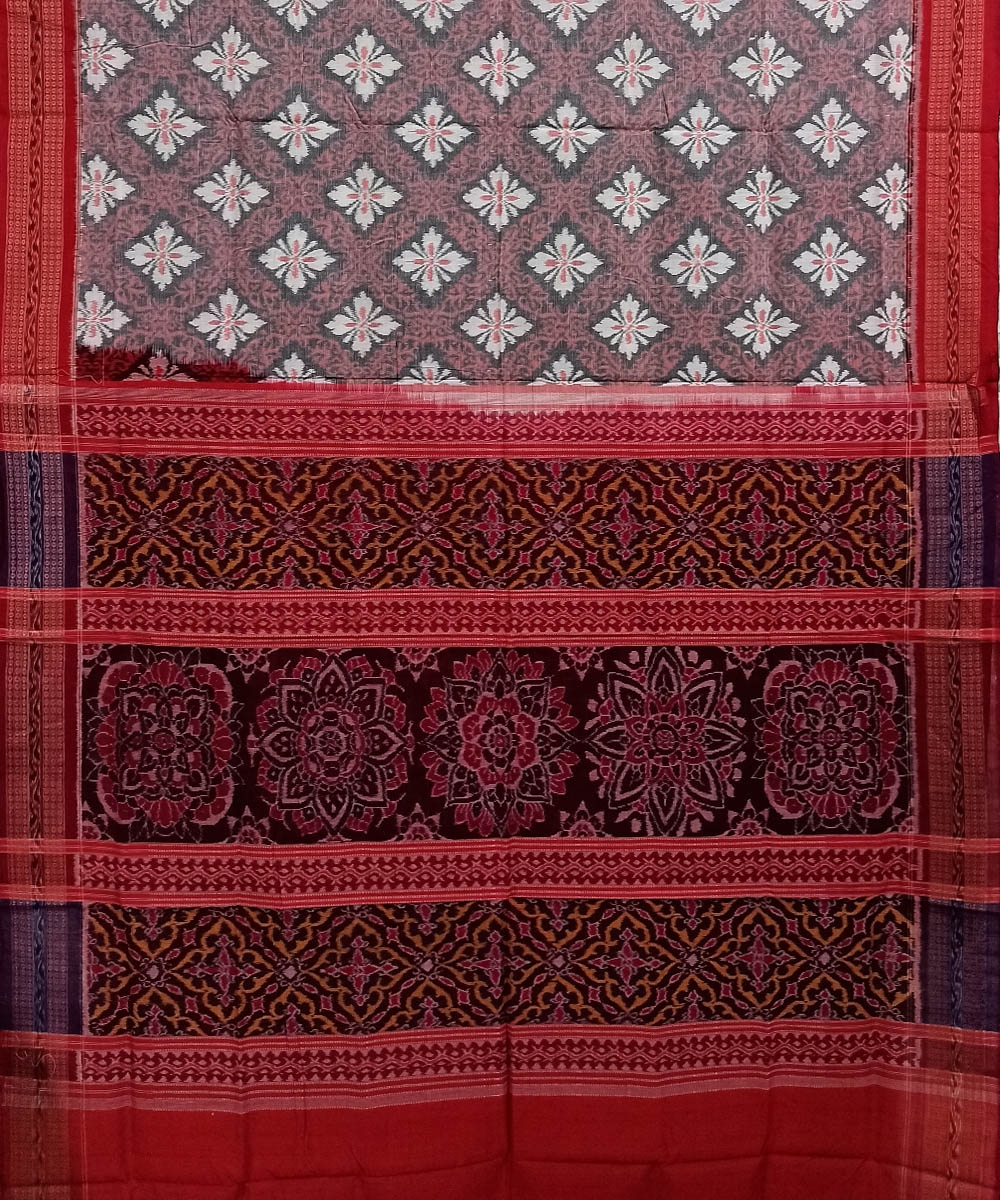 Gray Red Sambalpuri Handwoven Single Ikat Cotton Saree Image 2